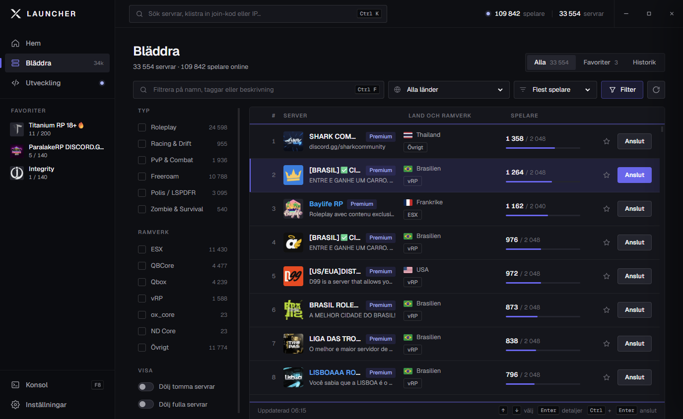 Serverlistan med filter för typ och ramverk, sökfält och servrar sorterade efter flest spelare